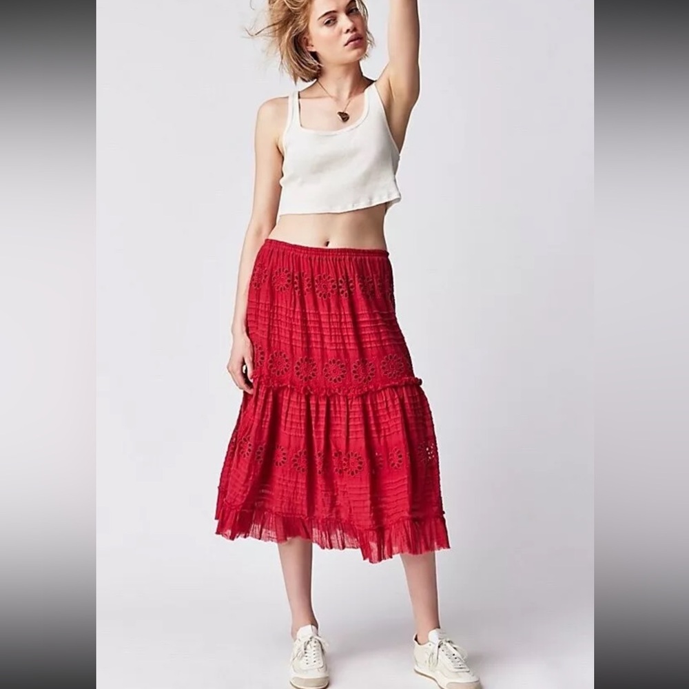 FREE PEOPLE Lorelei Red Midi Skirt SZ Small